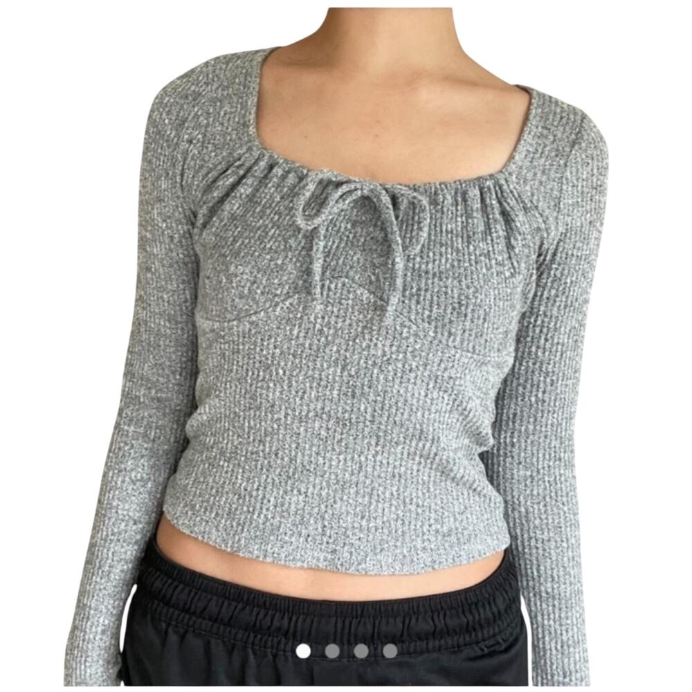 Hollister Babydoll Top Cozy Gray Crop Knit Sweater Size M Square Neck Minimalist